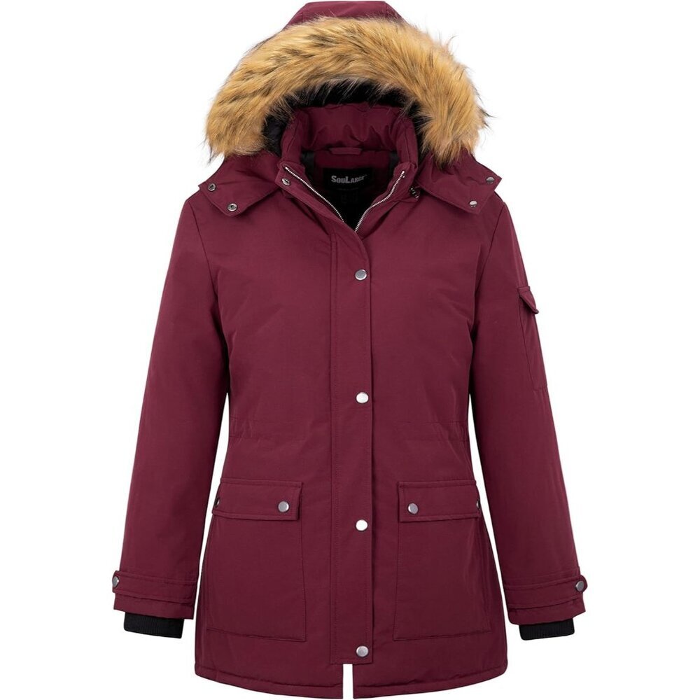 Women's Red Winter Plus Size Waterproof Thicken Puffer Coat With Faux Fur Hood